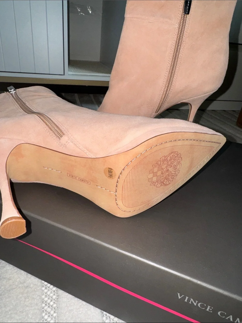Vince Camuto Blush Suede Pointed Toe Stiletto Ankle Boots